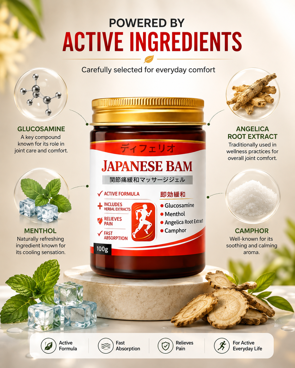 Japanese Pain Relief Bam – Active Formula Joint & Muscle Massage Balm | 100g ( 🔥 BUY 1 GET 1 FREE )